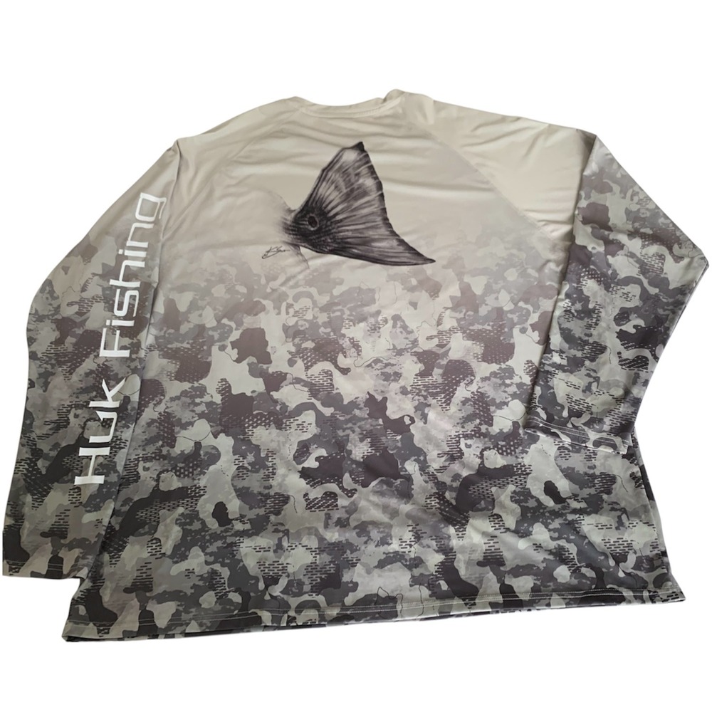 Huk Fishing Shirt Men 3XL Gray Camo Long Sleeve Performance Tee Rashguard Sporty